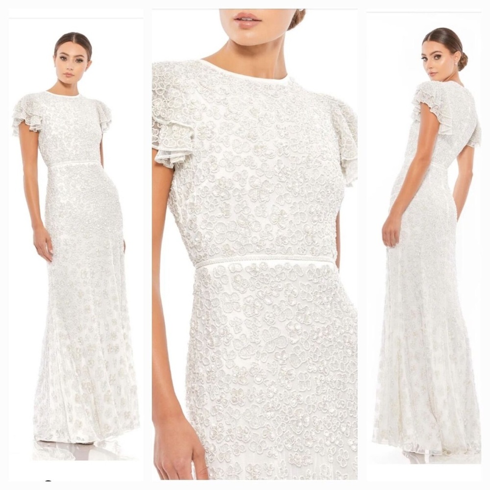 NWT Mac Duggal Flutter Sleeve Bridal Gown Rosette Floral Flower Beaded Dress